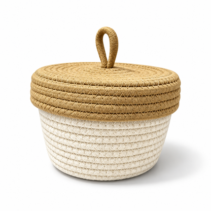 Beige Cotton Rope Storage Basket with Brown Lid