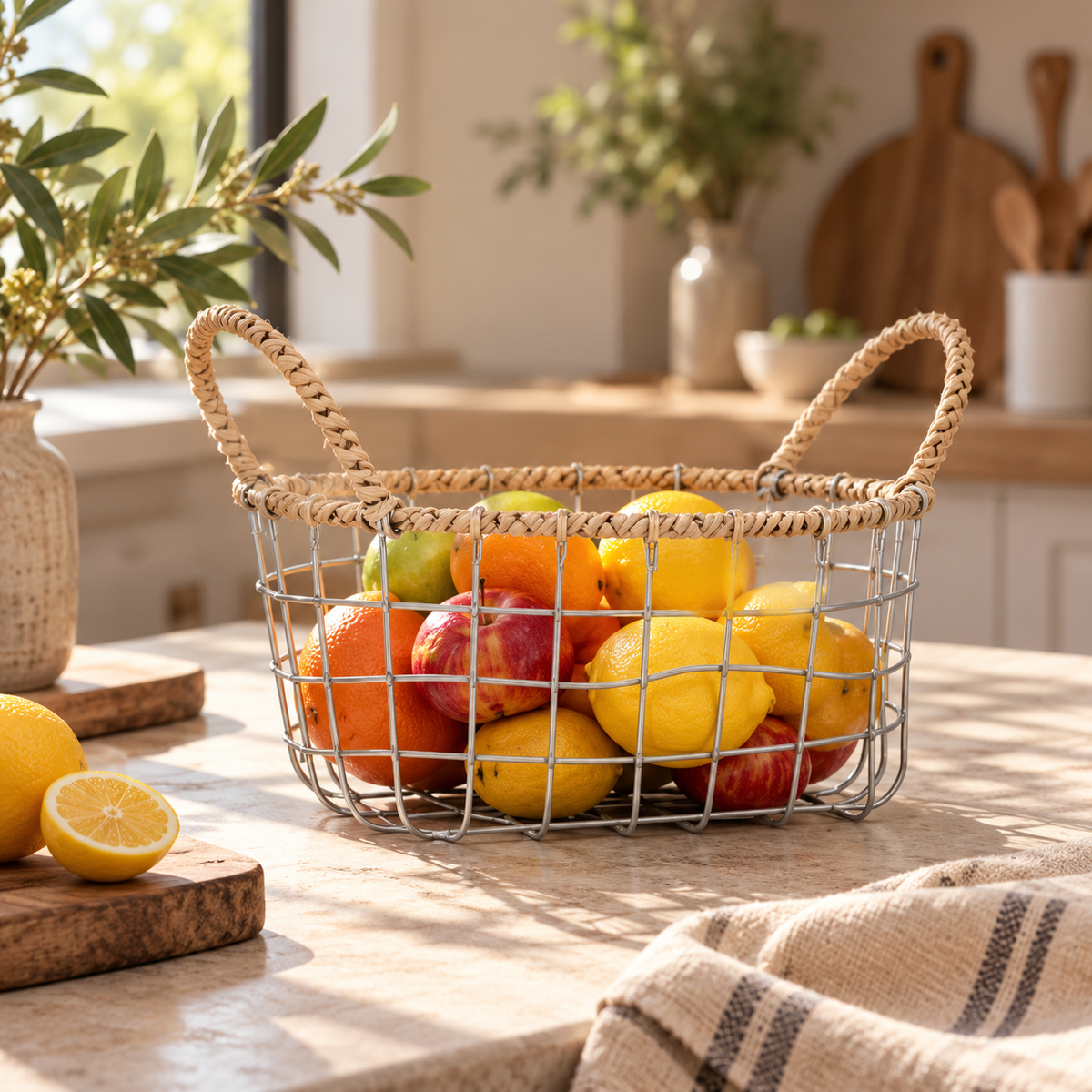 Handwoven Handle Wire Storage Basket