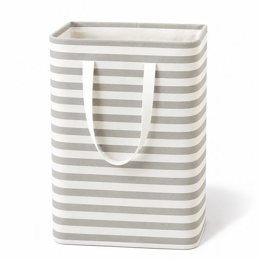 Gray and White Narrow Striped Foldable Laundry Basket