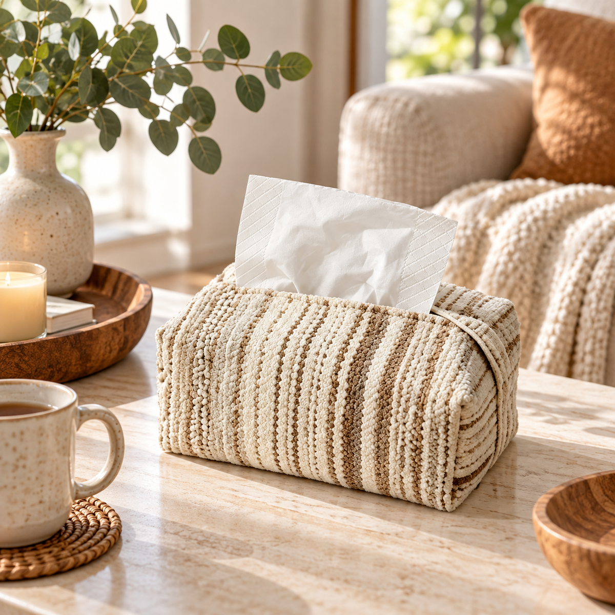 Beige Striped Fabric Tissue Box Cover