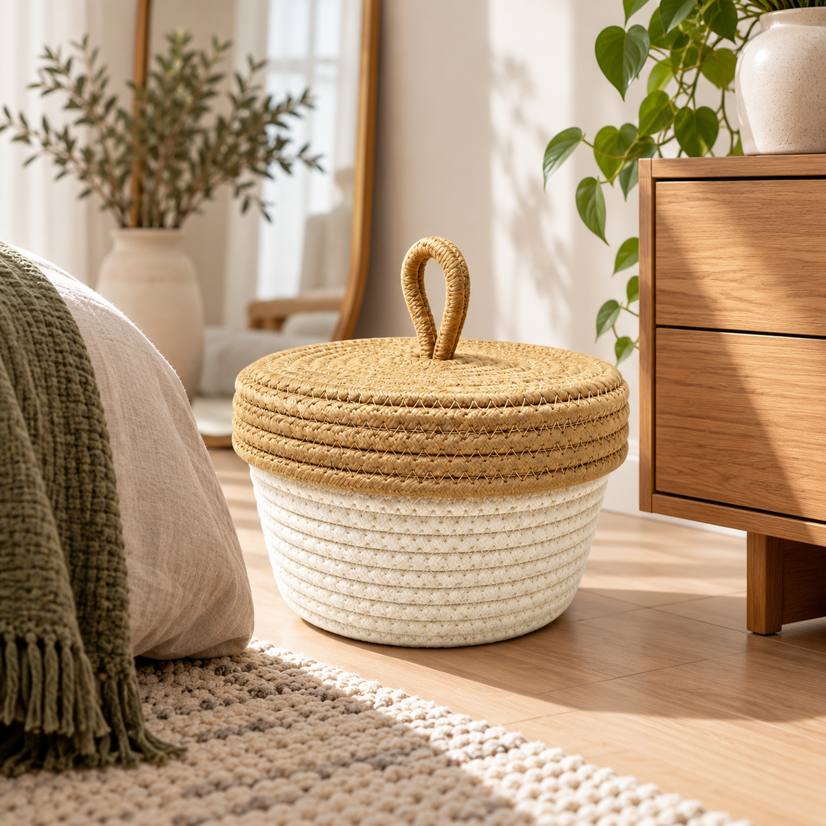 Beige Cotton Rope Storage Basket with Brown Lid