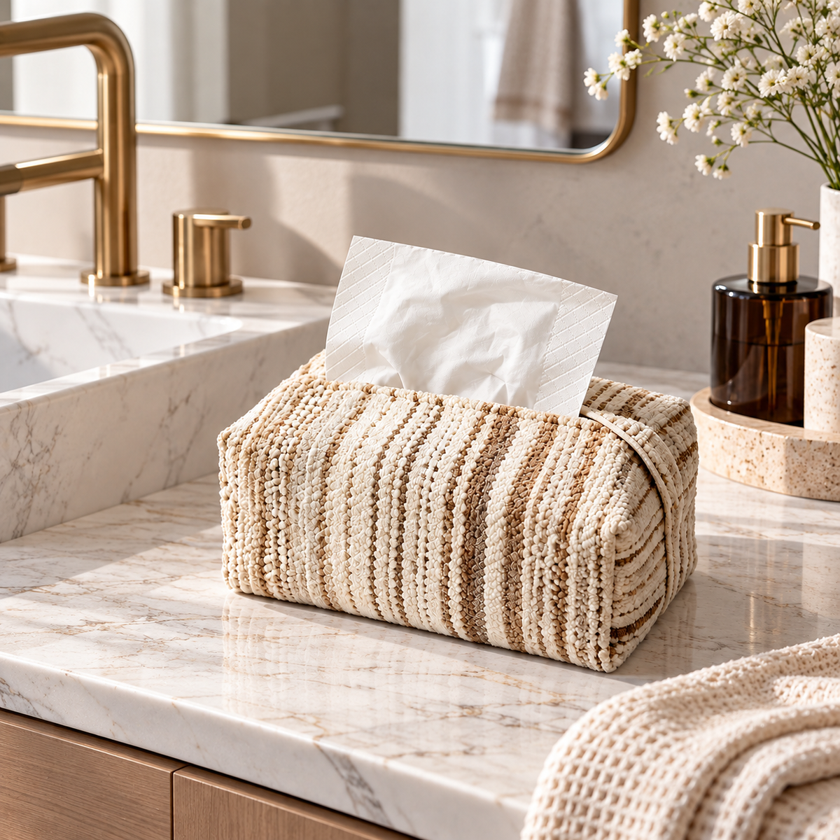 Beige Striped Fabric Tissue Box Cover