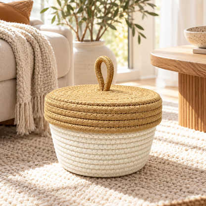 Beige Cotton Rope Storage Basket with Brown Lid